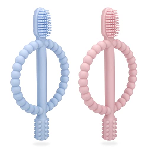 Baby Teething Toys with Easy-Hold Handle, Silicone Infant Toothbrush, Textured On Both Sides Helps Massage, Soothe Sore Gums, Teething Toys for Babies 0-6 Months, 6-12 Months