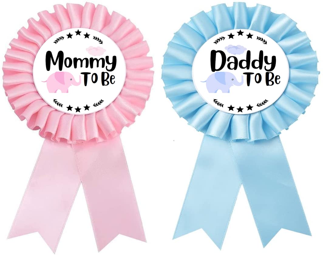 PATICARRY Elephant Themed Tinplate Badge Set, Light Pink and Blue Satin, Perfect for Baby Shower