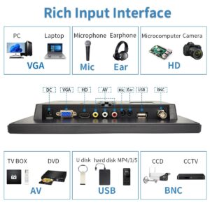 Qcvoruno 10.1 inch Security Monitor & Displays, 1024 * 600 Resolution, HD/BNC/AV/VGA/USB Input, Built-in Dual Speakers Portable LCD Monitor, Suitable for Game CCTV PC DVD DSLR