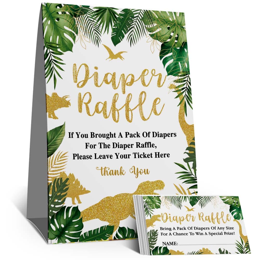 Diaper Raffle Sign & Cards, Dinosaur Themed For Baby Showers, Diaper Raffle Baby Shower Game Kit (1 Standing Sign + 50 Guessing Cards), Bring A Pack Of Diapers Game