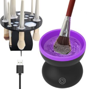 electric makeup brush cleaner with drying rack, luxiv 2 in 1 wash&dry makeup brush cleaner machine fit for all size brush automatic spinner machine, makeup brush beauty blender cleaner (black+purple)