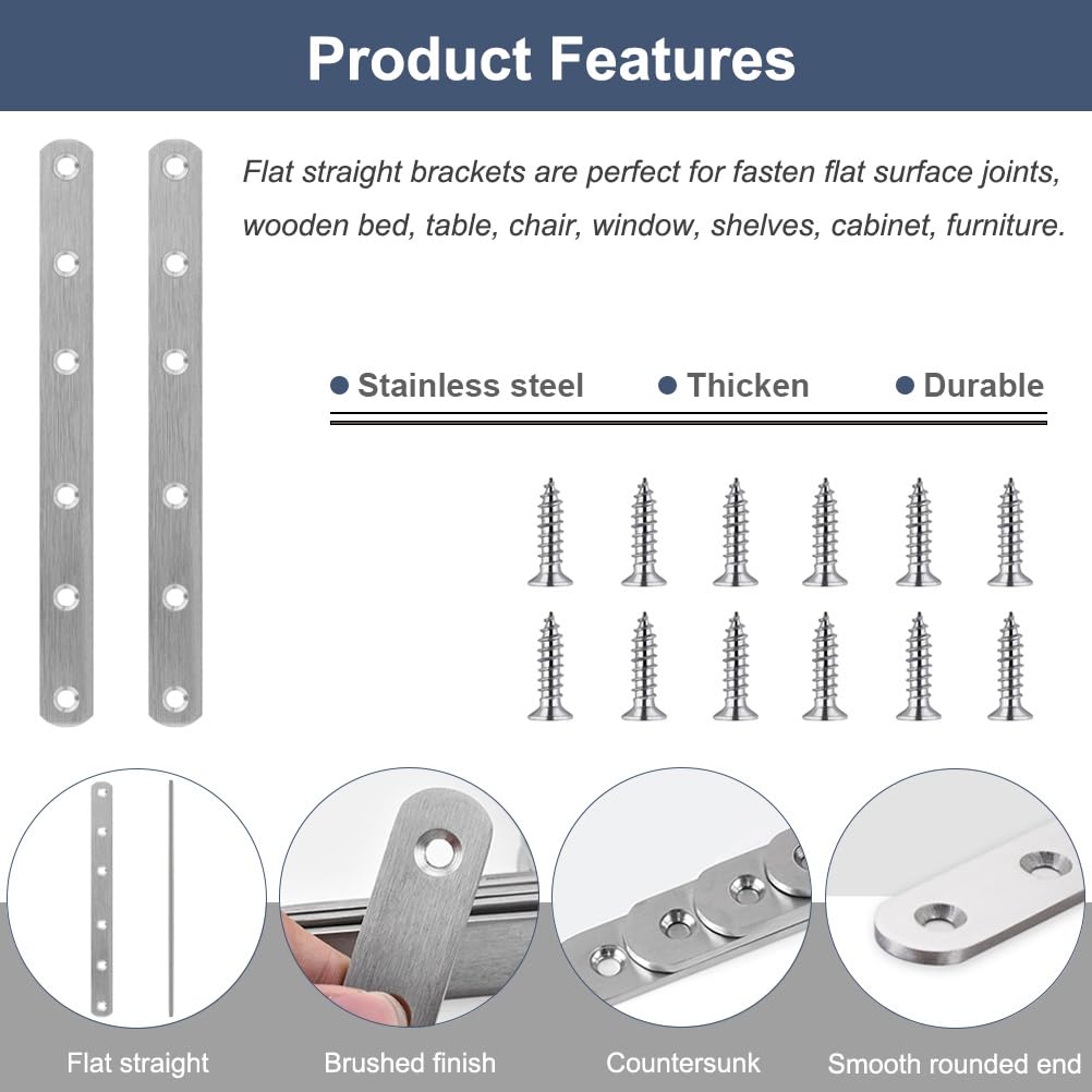 YEWLACA 8 Pack Flat Straight Brace Brackets, 8 Inch Stainless Steel Mending Plates Repair Fixing Brackets Heavy Duty Straight Repair Joining Plates for Wood with Screws