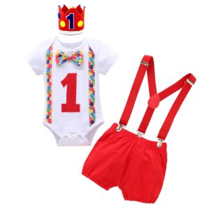 ibtom castle cake smash outfit boys first birthday plim plim birthday party supplies short sleeve romper suspenders pants circus baby photoshoot clothes red 9-12 month