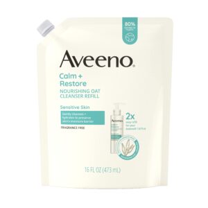 Aveeno Calm + Restore Nourishing Oat Facial Cleanser for Sensitive Skin, Gentle Face Wash with Nourishing Oat & Calming Feverfew, Hypoallergenic, Fragrance-Free, Refill Pouch, 16 fl. oz