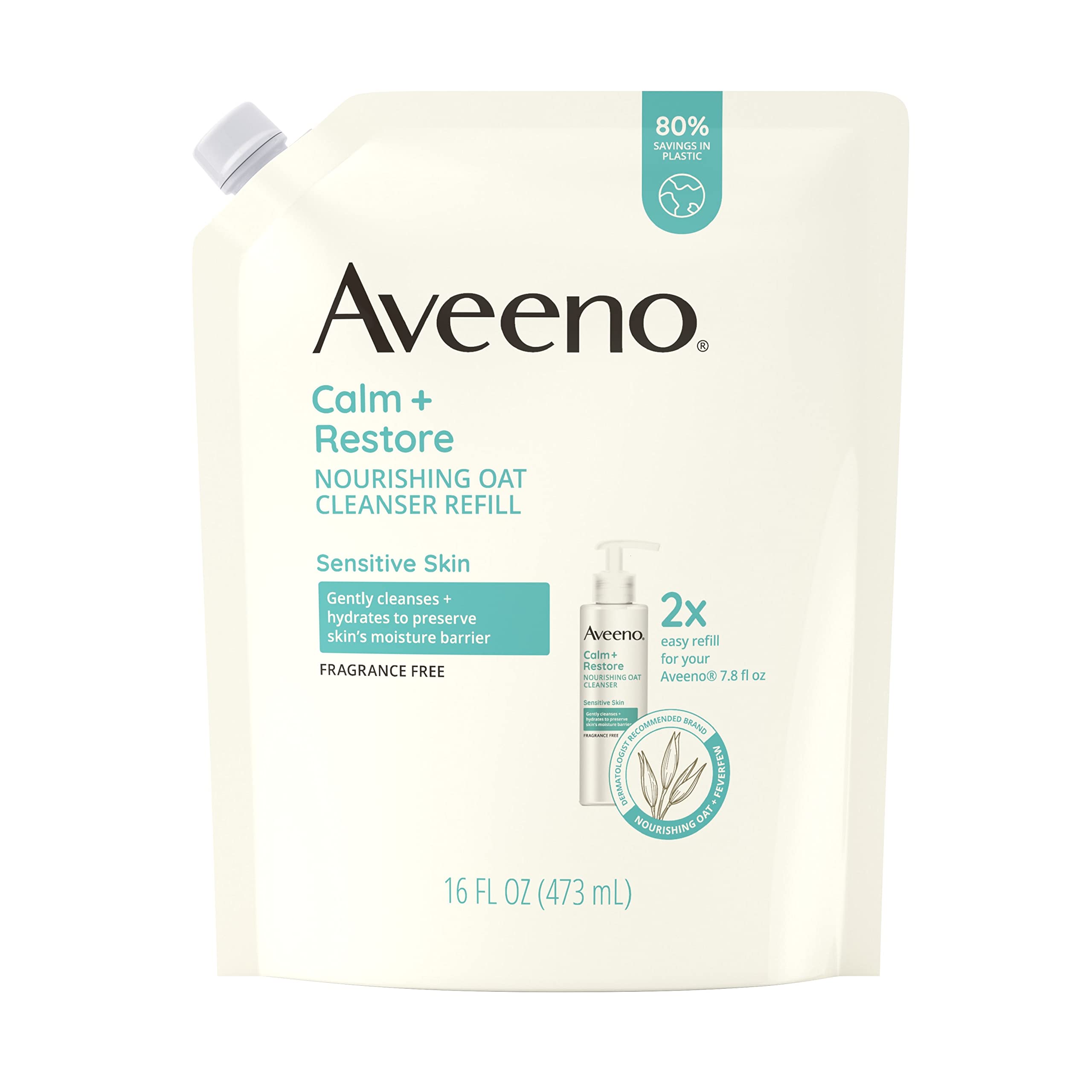 Aveeno Calm + Restore Nourishing Oat Facial Cleanser for Sensitive Skin, Gentle Face Wash with Nourishing Oat & Calming Feverfew, Hypoallergenic, Fragrance-Free, Refill Pouch, 16 fl. oz