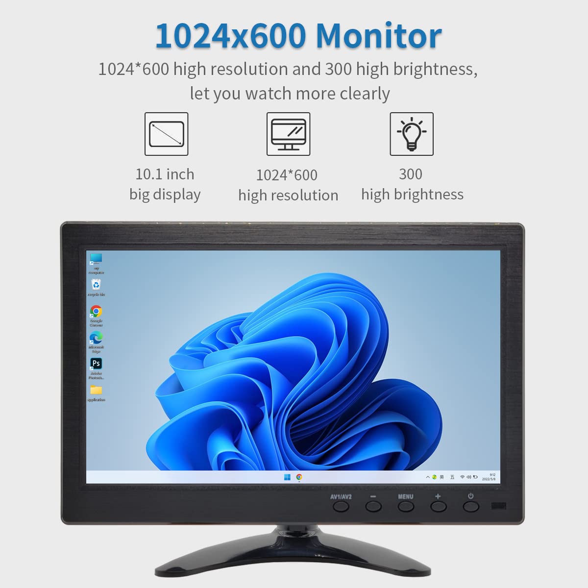 Qcvoruno 10.1 inch Security Monitor & Displays, 1024 * 600 Resolution, HD/BNC/AV/VGA/USB Input, Built-in Dual Speakers Portable LCD Monitor, Suitable for Game CCTV PC DVD DSLR