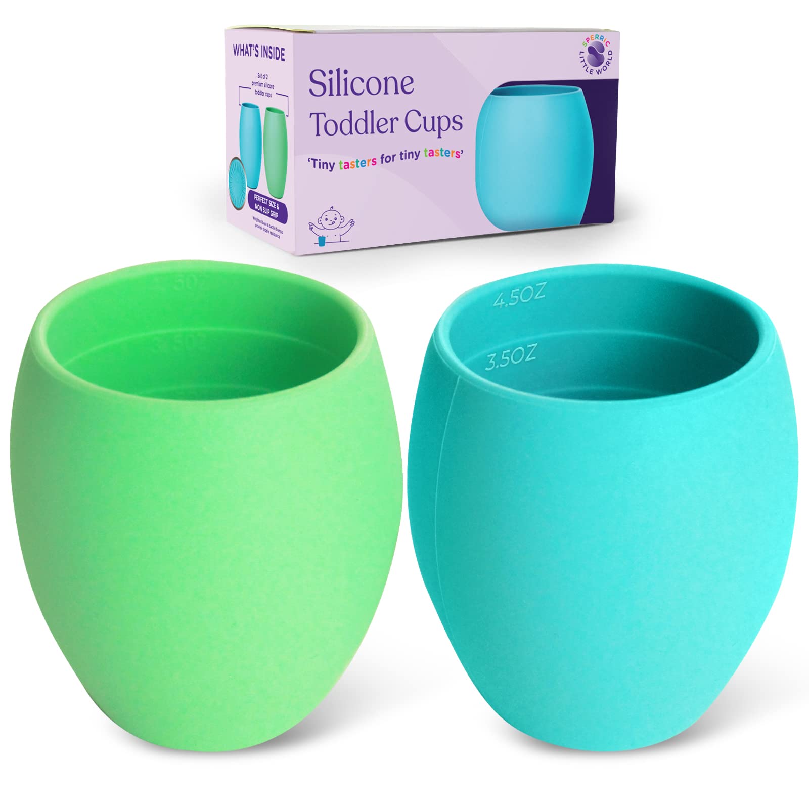 Sperric Silicone Mini Cups For Toddlers Baby Drinking Training Cup (2 Pack) 4.5 OZ (Green & Blue)