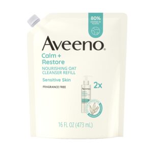 aveeno calm + restore nourishing oat facial cleanser for sensitive skin, gentle face wash with nourishing oat & calming feverfew, hypoallergenic, fragrance-free, refill pouch, 16 fl. oz