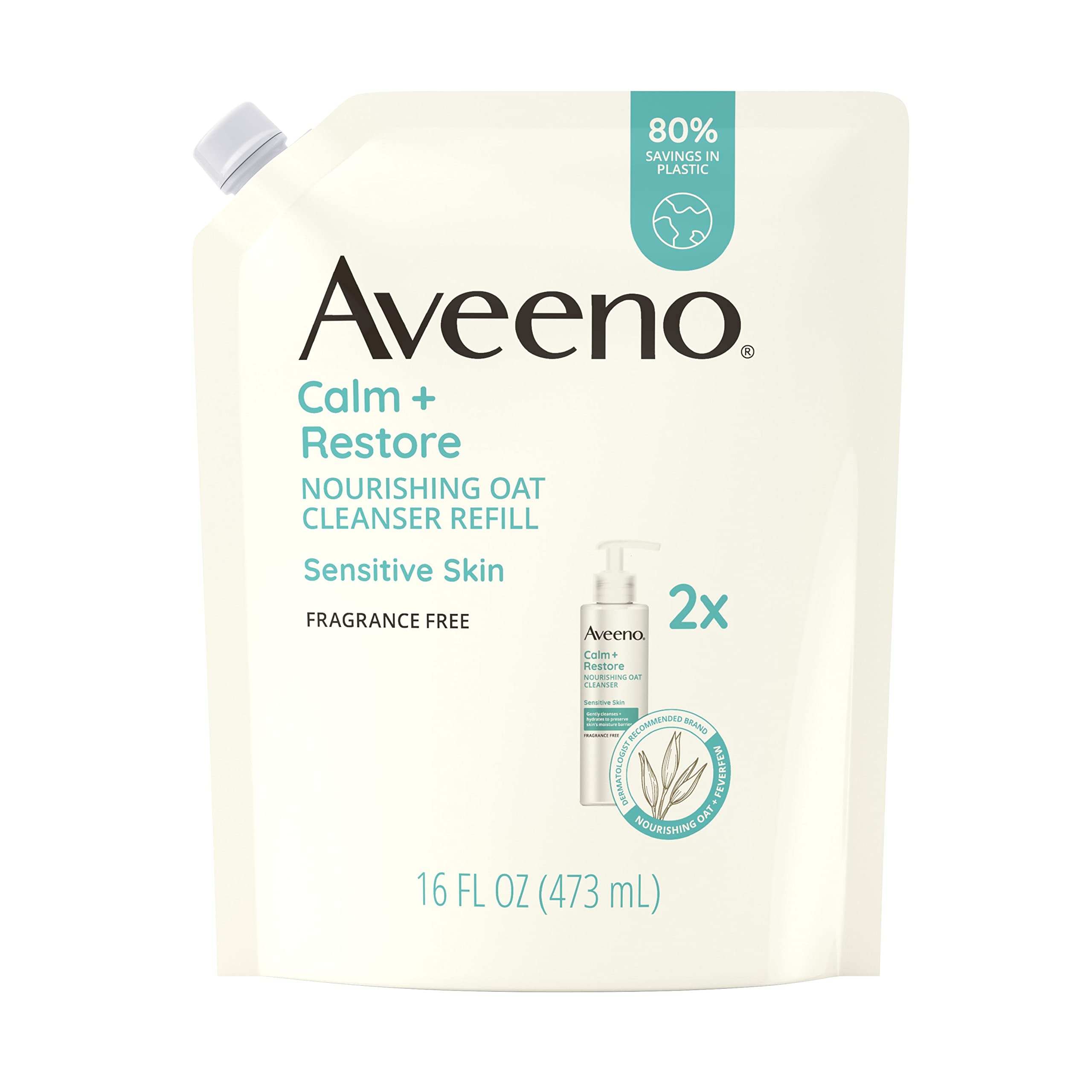 Aveeno Calm + Restore Nourishing Oat Facial Cleanser for Sensitive Skin, Gentle Face Wash with Nourishing Oat & Calming Feverfew, Hypoallergenic, Fragrance-Free, Refill Pouch, 16 fl. oz