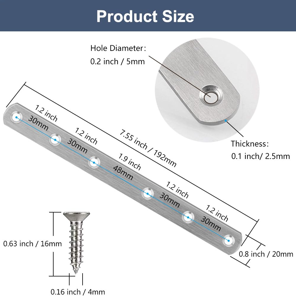 YEWLACA 8 Pack Flat Straight Brace Brackets, 8 Inch Stainless Steel Mending Plates Repair Fixing Brackets Heavy Duty Straight Repair Joining Plates for Wood with Screws