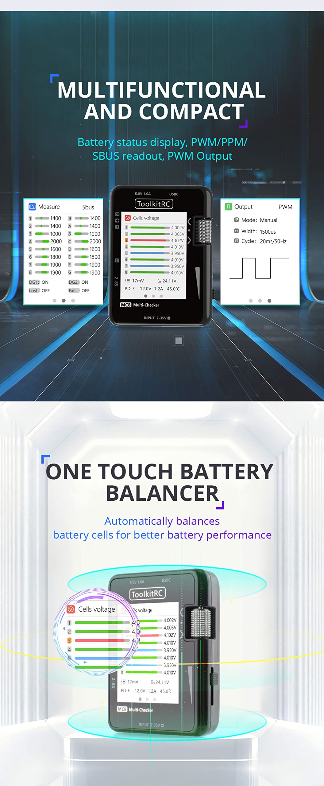 ToolkitRC MC8 Mini Size Cell Checker 32 Bit Battery Multi-Checker PWM Output PPM SBUS Readout with USB-C Fast Charging