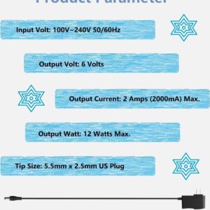 6V DC Power Supply 2A Universal AC Adapter, 100-240V 50/60Hz AC to DC 6 Volts 2Amp Power Adapter Transformer, DC 6V Power Cord, 5.5mm x 2.5mm DC Plug