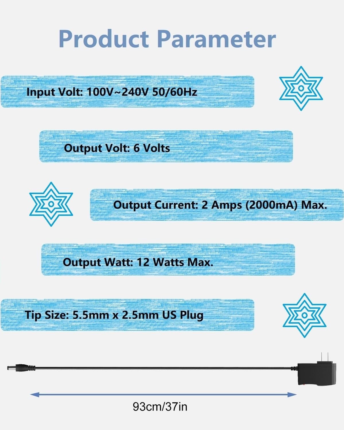 6V DC Power Supply 2A Universal AC Adapter, 100-240V 50/60Hz AC to DC 6 Volts 2Amp Power Adapter Transformer, DC 6V Power Cord, 5.5mm x 2.5mm DC Plug