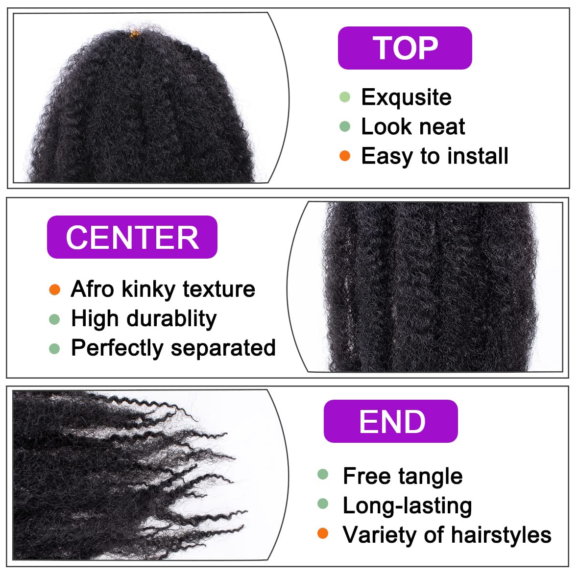 ZRQ 8 Packs Marley Hair Crochet Braids,24 Inch Afro Kinky Marley Braiding Hair, Synthetic Curly Twist Marley Hair, Long Springy Afro Twist Hair Extensions (1B#,8 Packs)