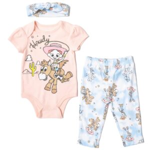 disney pixar toy story bullseye jessie newborn baby girls bodysuit pants and headband 3 piece outfit 6-9 months