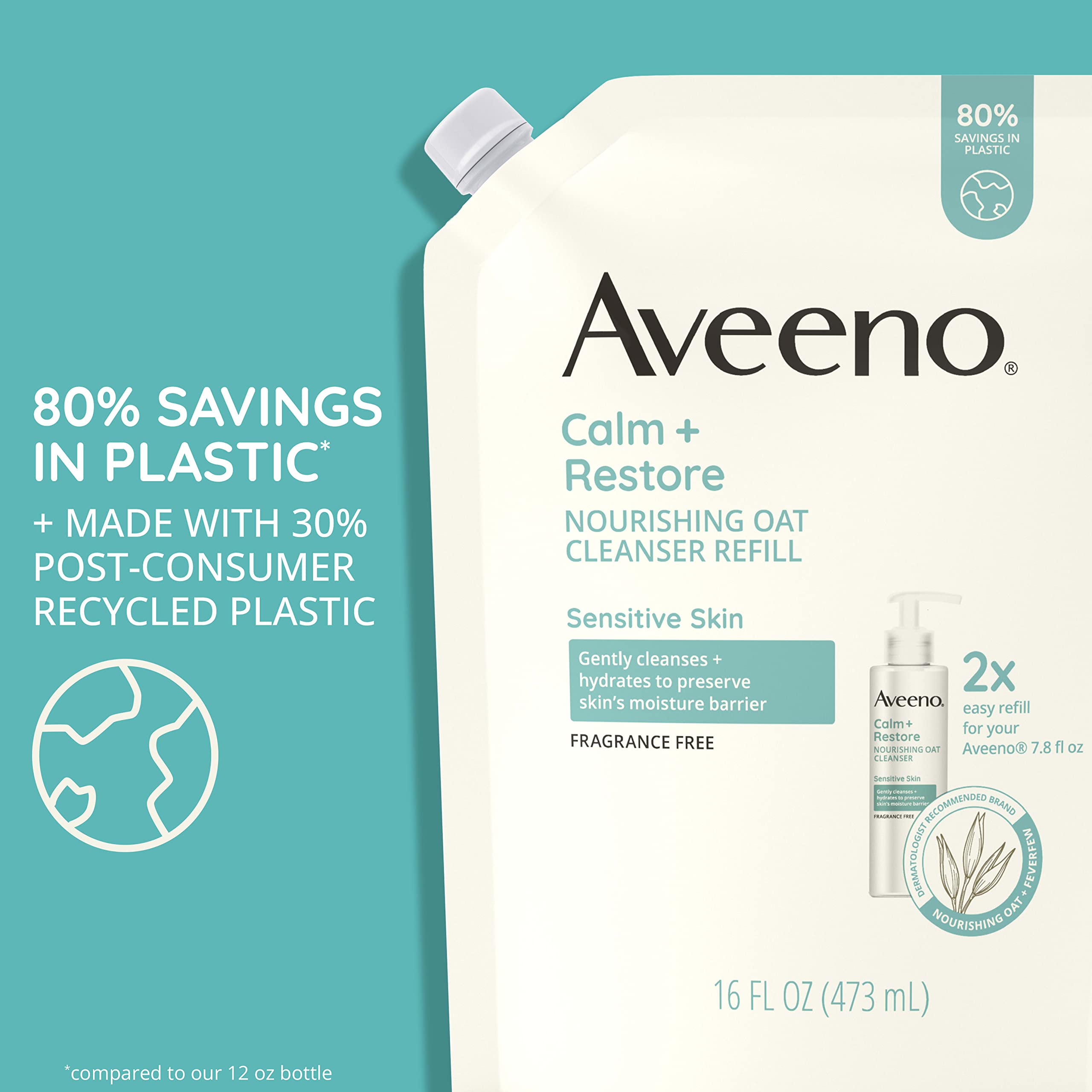 Aveeno Calm + Restore Nourishing Oat Facial Cleanser for Sensitive Skin, Gentle Face Wash with Nourishing Oat & Calming Feverfew, Hypoallergenic, Fragrance-Free, Refill Pouch, 16 fl. oz