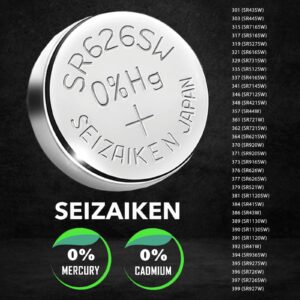 Seizaiken 377 SR626SW 1.55V 0% Hg Silver Oxide Watch Battery (2 Batteries) Made in Japan by Seiko