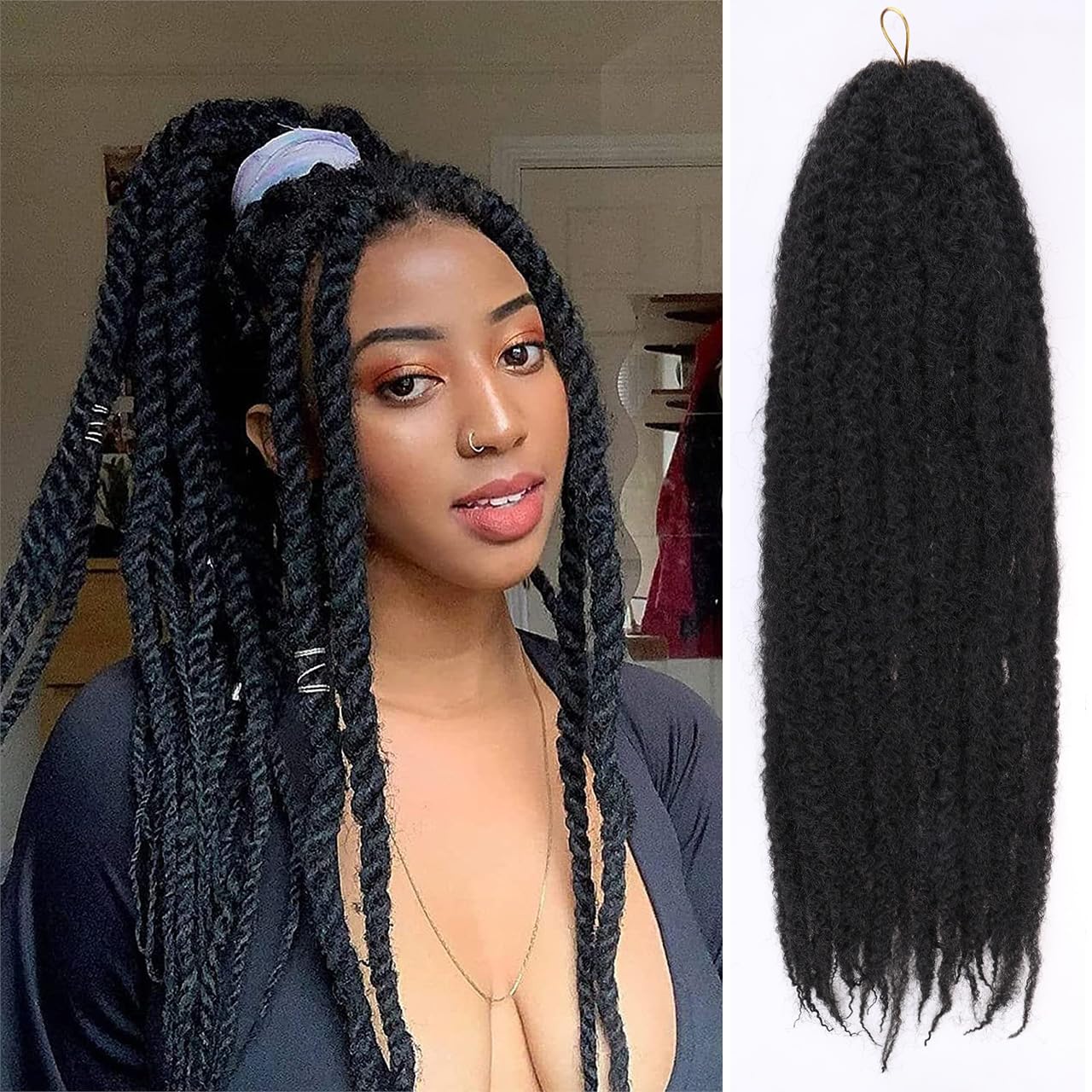 ZRQ 8 Packs Marley Hair Crochet Braids,24 Inch Afro Kinky Marley Braiding Hair, Synthetic Curly Twist Marley Hair, Long Springy Afro Twist Hair Extensions (1B#,8 Packs)