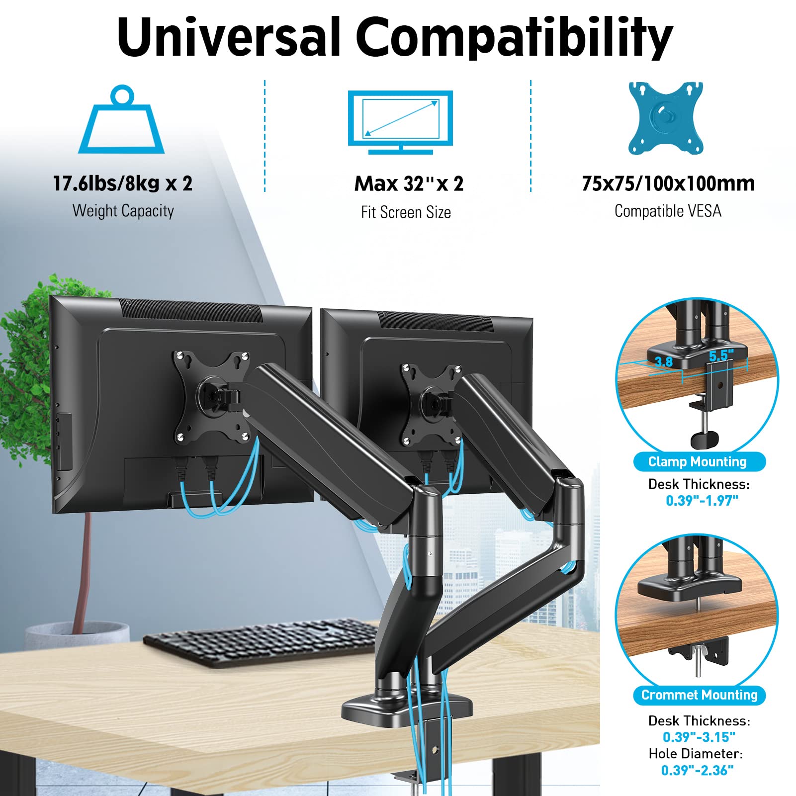 MOUNTUP Gas Spring Triple Monitor Stand + Full Motion Dual Monitor Desk Mount Bundle