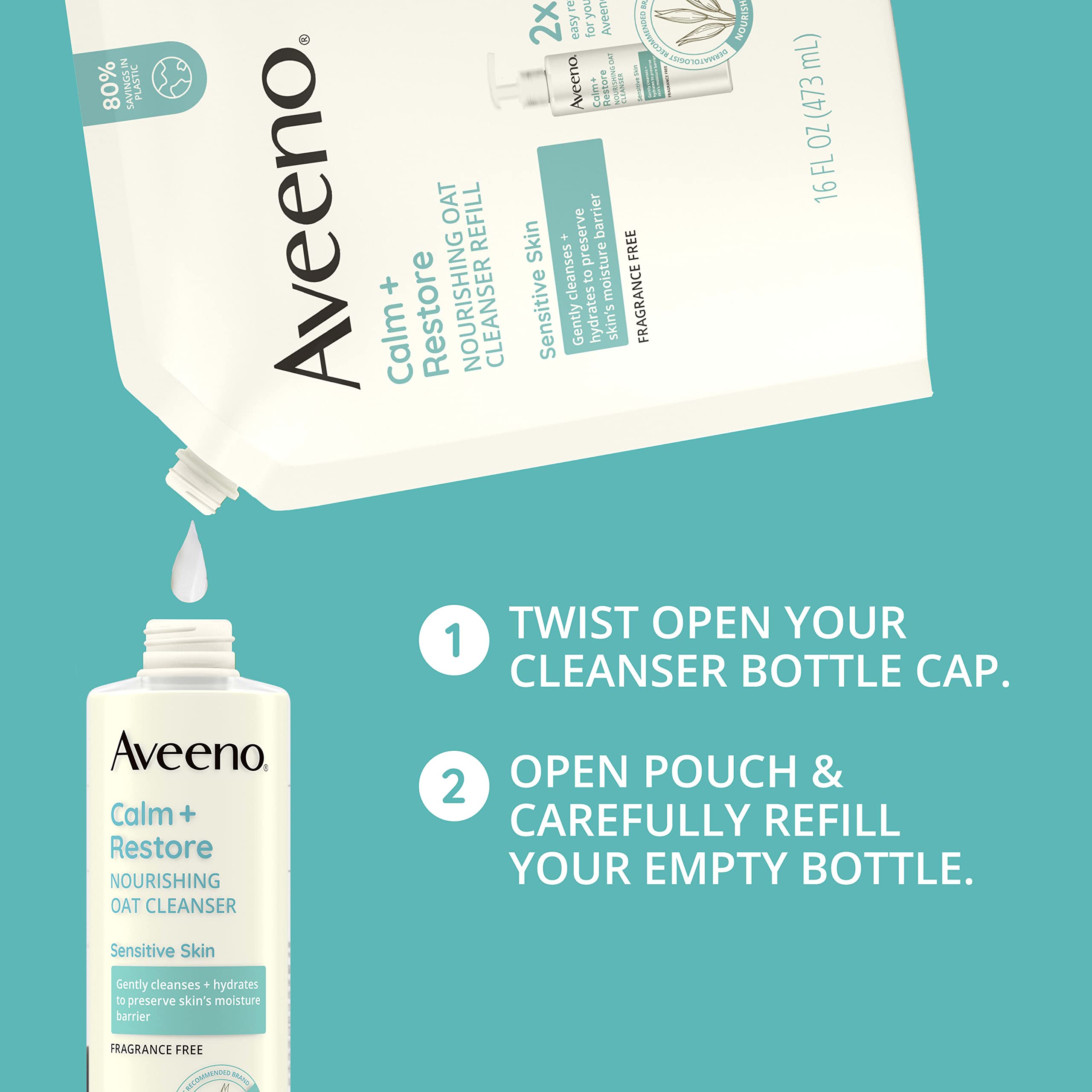 Aveeno Calm + Restore Nourishing Oat Facial Cleanser for Sensitive Skin, Gentle Face Wash with Nourishing Oat & Calming Feverfew, Hypoallergenic, Fragrance-Free, Refill Pouch, 16 fl. oz