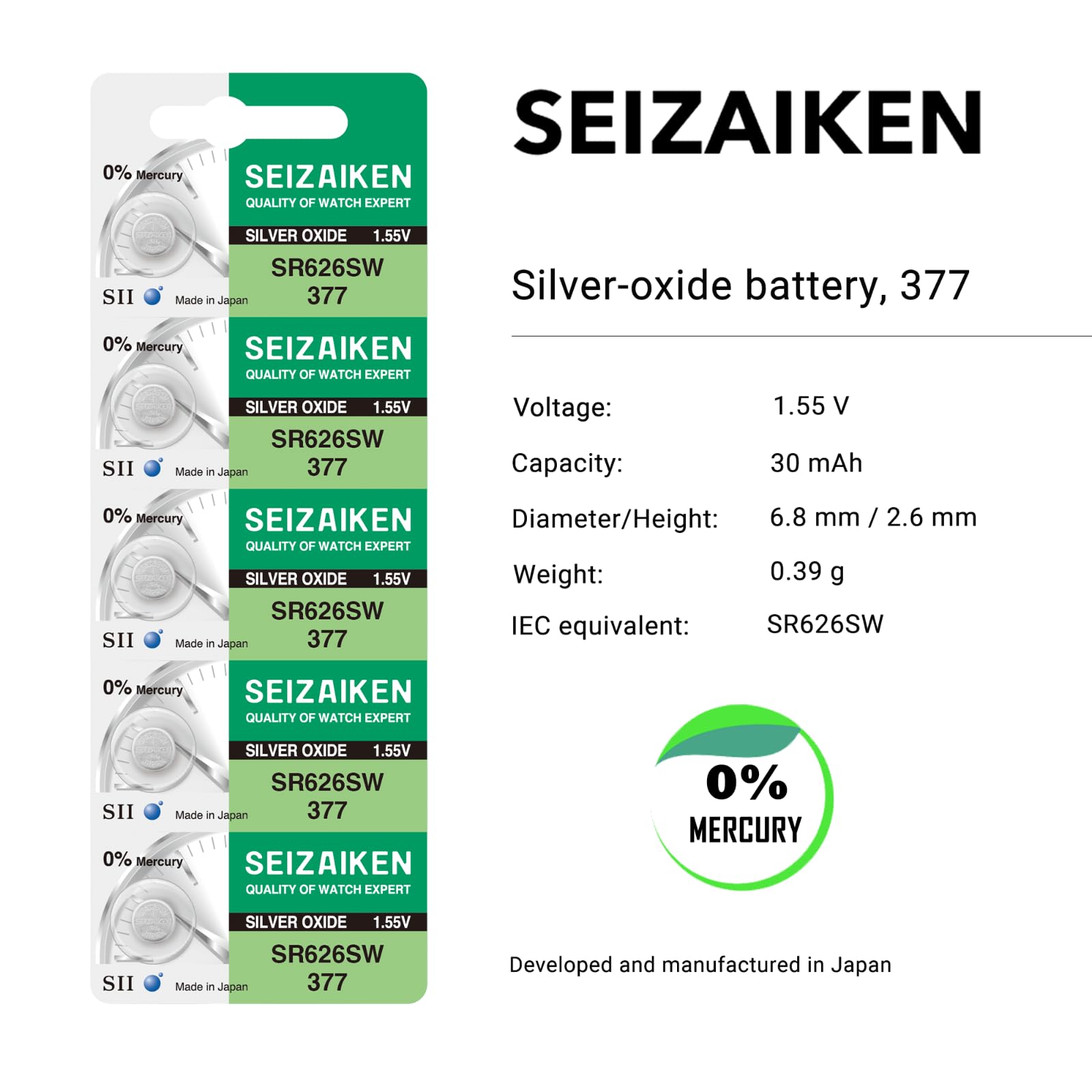 Seizaiken 377 SR626SW 1.55V 0% Hg Silver Oxide Watch Battery (2 Batteries) Made in Japan by Seiko