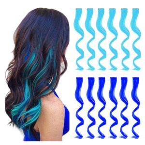 redmenco colored clip in hair extensions 12 pieces for women kids girls, 16 inch wavy curly, blue and teal blue colorful