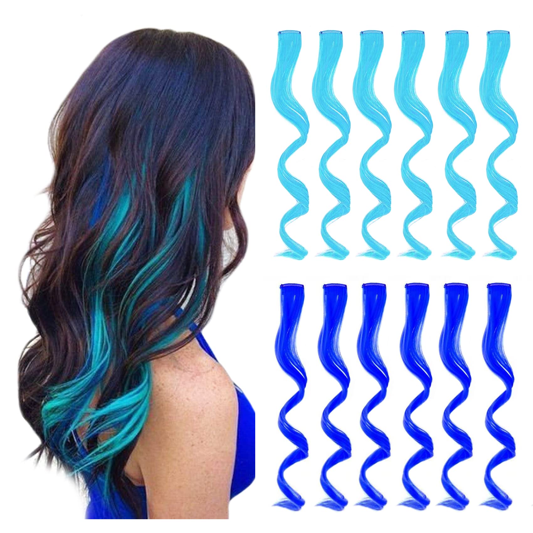 REDMENCO Colored Clip in Hair Extensions 12 Pieces for Women Kids Girls, 16 Inch Wavy Curly, Blue and Teal Blue Colorful