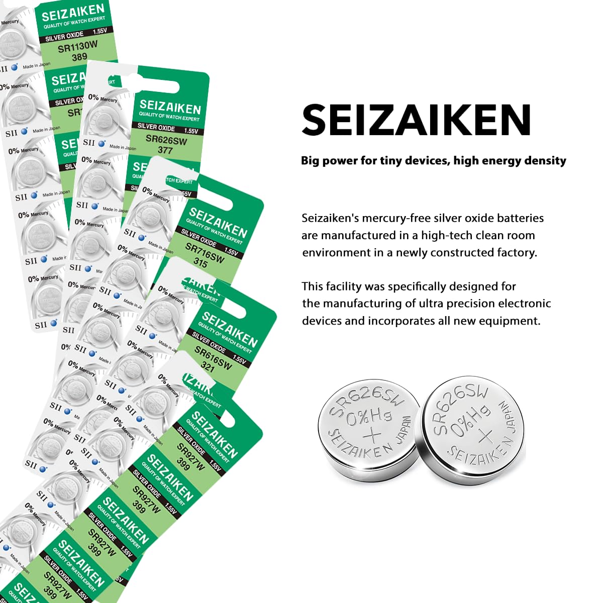 Seizaiken 377 SR626SW 1.55V 0% Hg Silver Oxide Watch Battery (2 Batteries) Made in Japan by Seiko