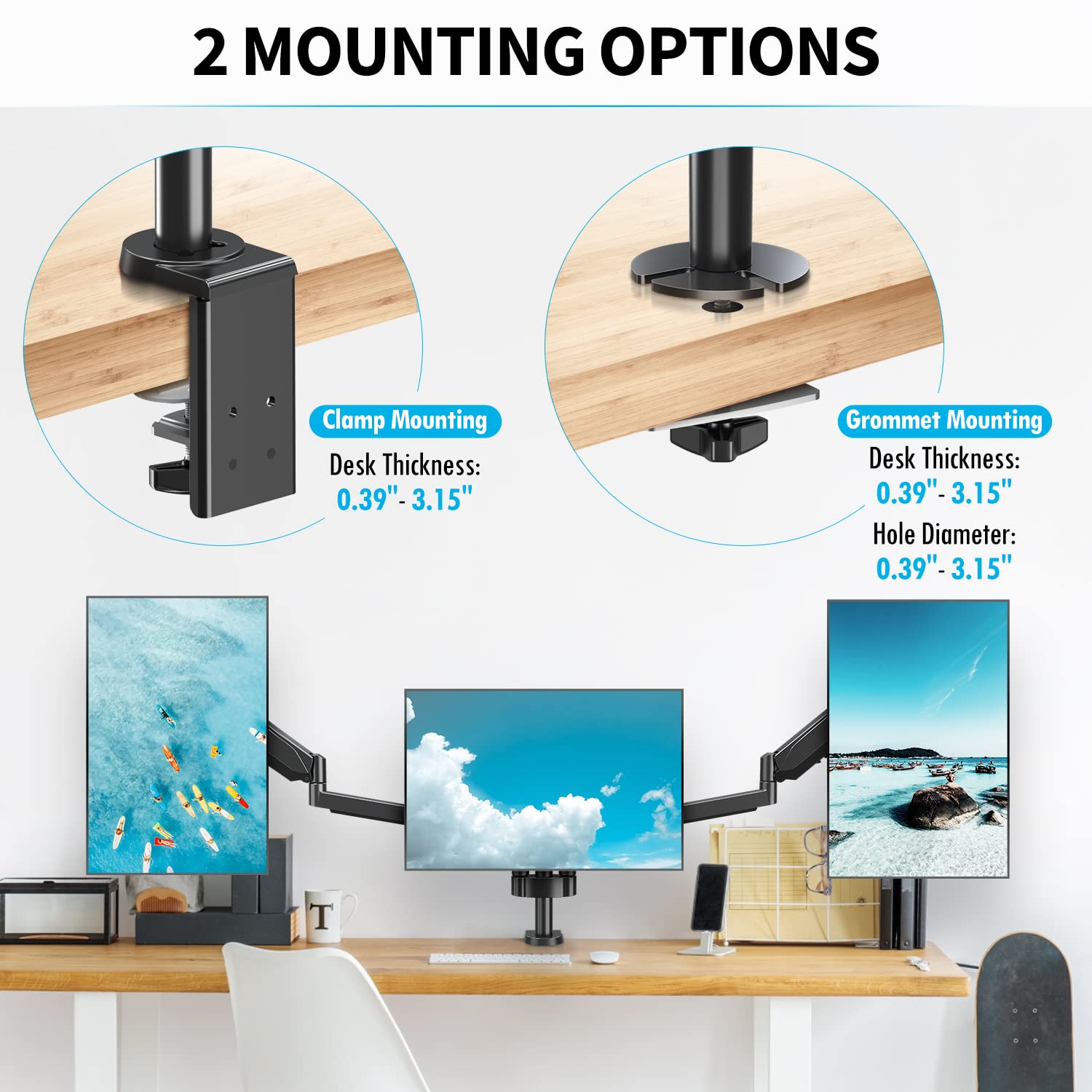 MOUNTUP Gas Spring Triple Monitor Stand + Full Motion Dual Monitor Desk Mount Bundle