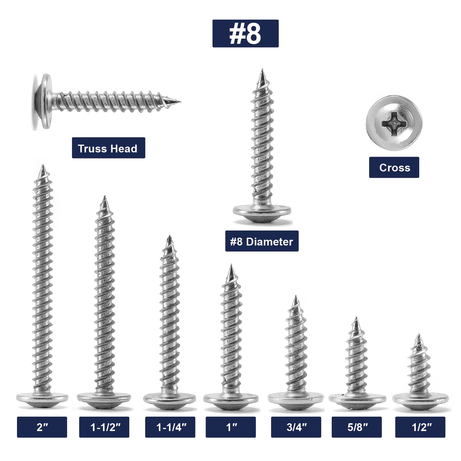 #8 x 1-1/4" Wood Screw 100Pcs 410 Stainless Steel Standard Thread Truss Head Fast Self Tapping by SG TZH