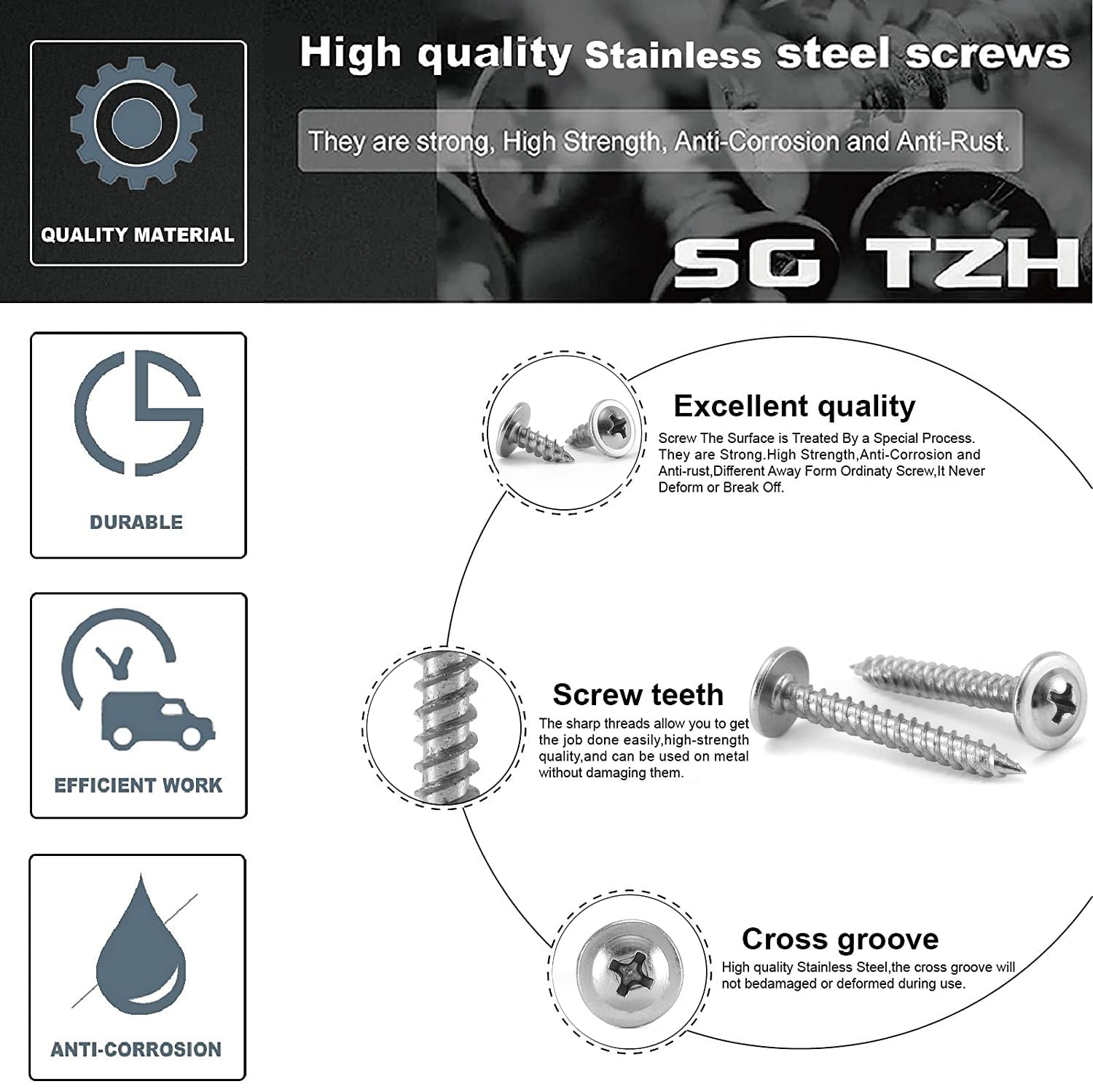 #8 x 1-1/4" Wood Screw 100Pcs 410 Stainless Steel Standard Thread Truss Head Fast Self Tapping by SG TZH