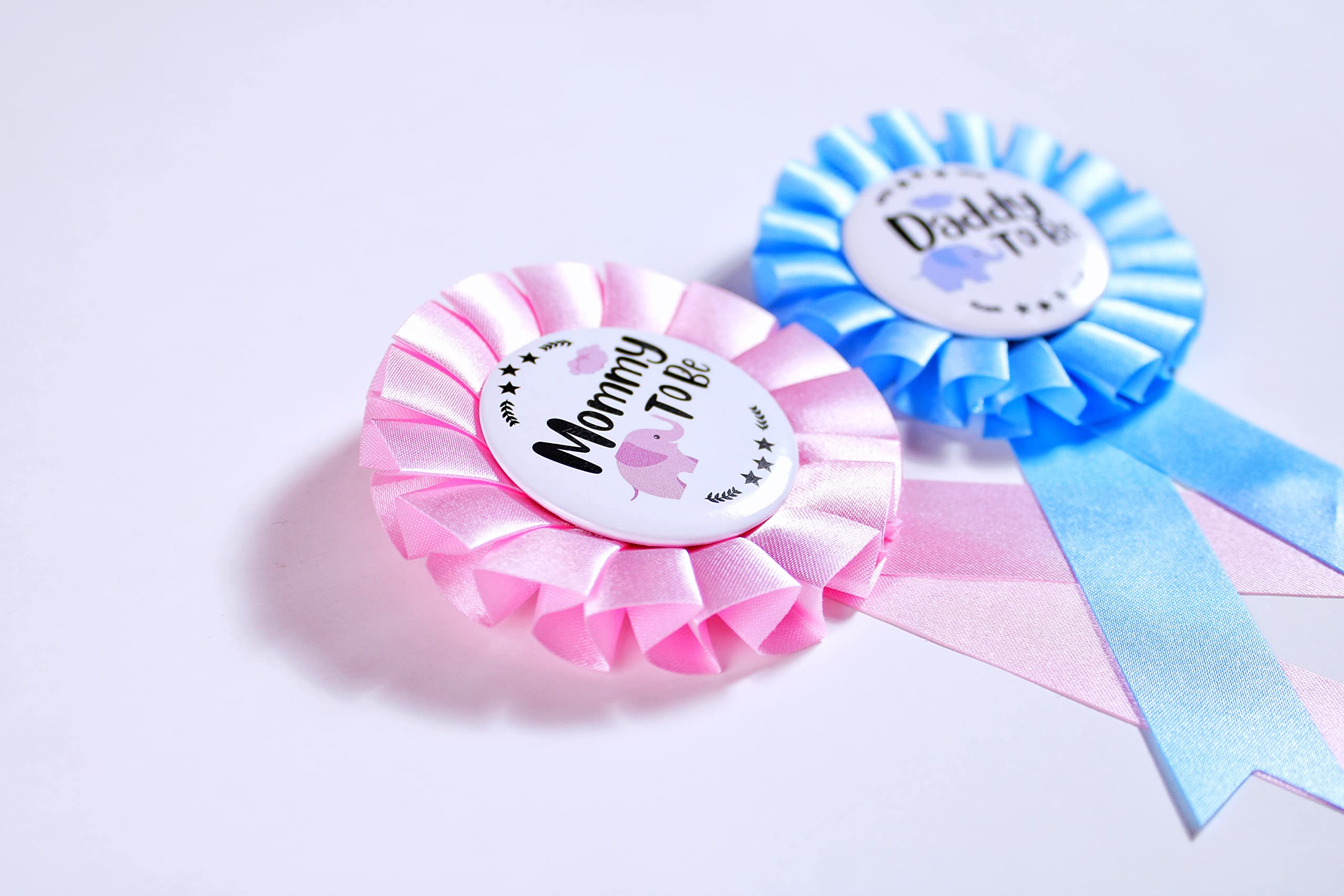 PATICARRY Elephant Themed Tinplate Badge Set, Light Pink and Blue Satin, Perfect for Baby Shower