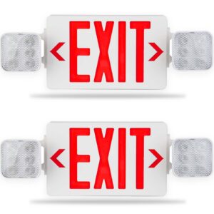 led exit sign with emergency light, 90 minute battery backup, 2 adjustable head commercial lights, double sided red exit sign, fire and flame retardant ac 120-277v ul listed (2-pack)