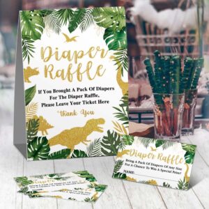 Diaper Raffle Sign & Cards, Dinosaur Themed For Baby Showers, Diaper Raffle Baby Shower Game Kit (1 Standing Sign + 50 Guessing Cards), Bring A Pack Of Diapers Game