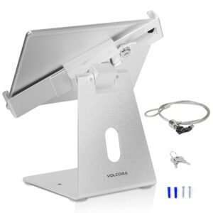 volcora anti-theft tablet stand ipad security holder with lock, silver 9-13 inch kiosk stand mount, swivel, adjustable, for ipad pro, air, pos register, retail business, checkout, cashier