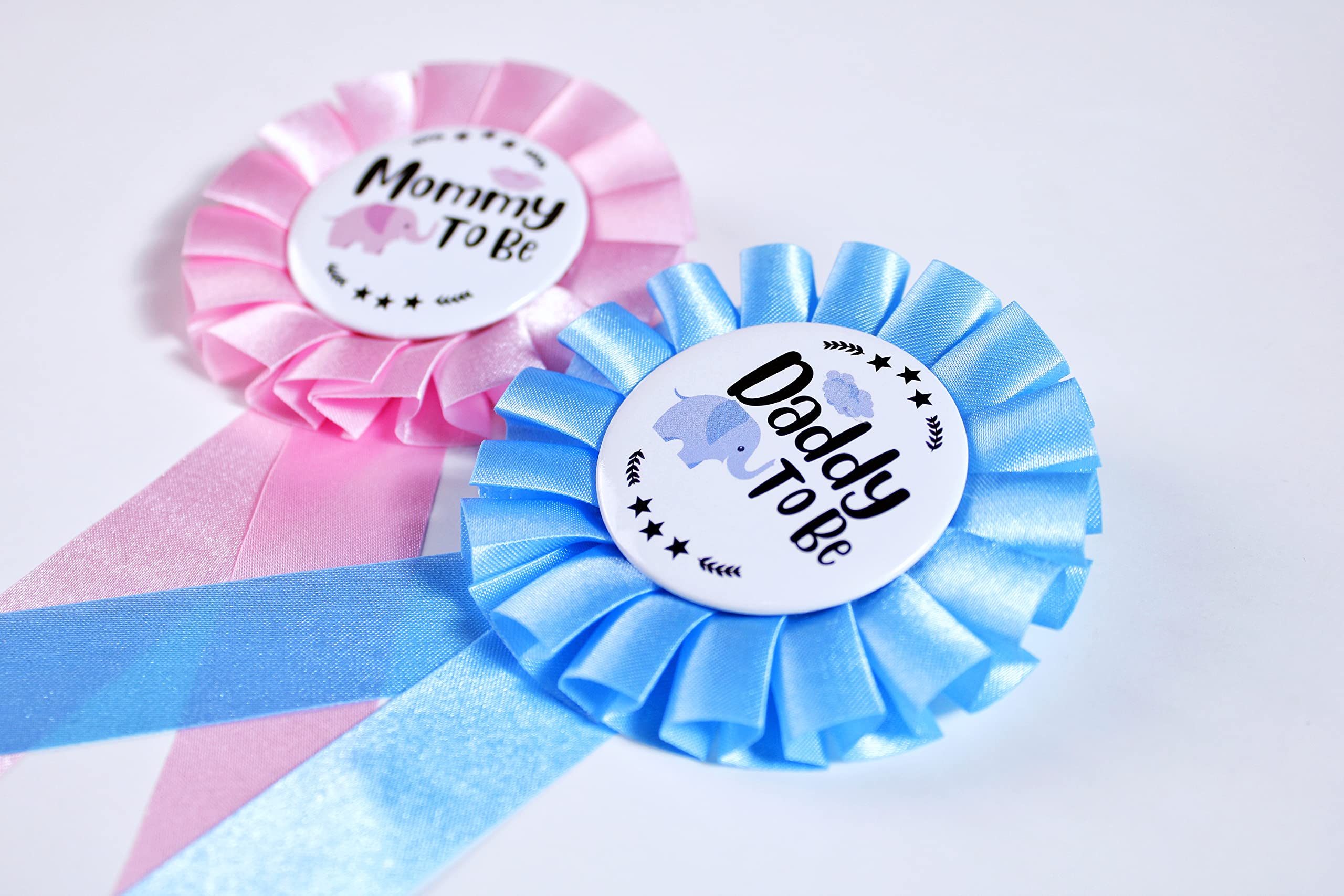 PATICARRY Elephant Themed Tinplate Badge Set, Light Pink and Blue Satin, Perfect for Baby Shower