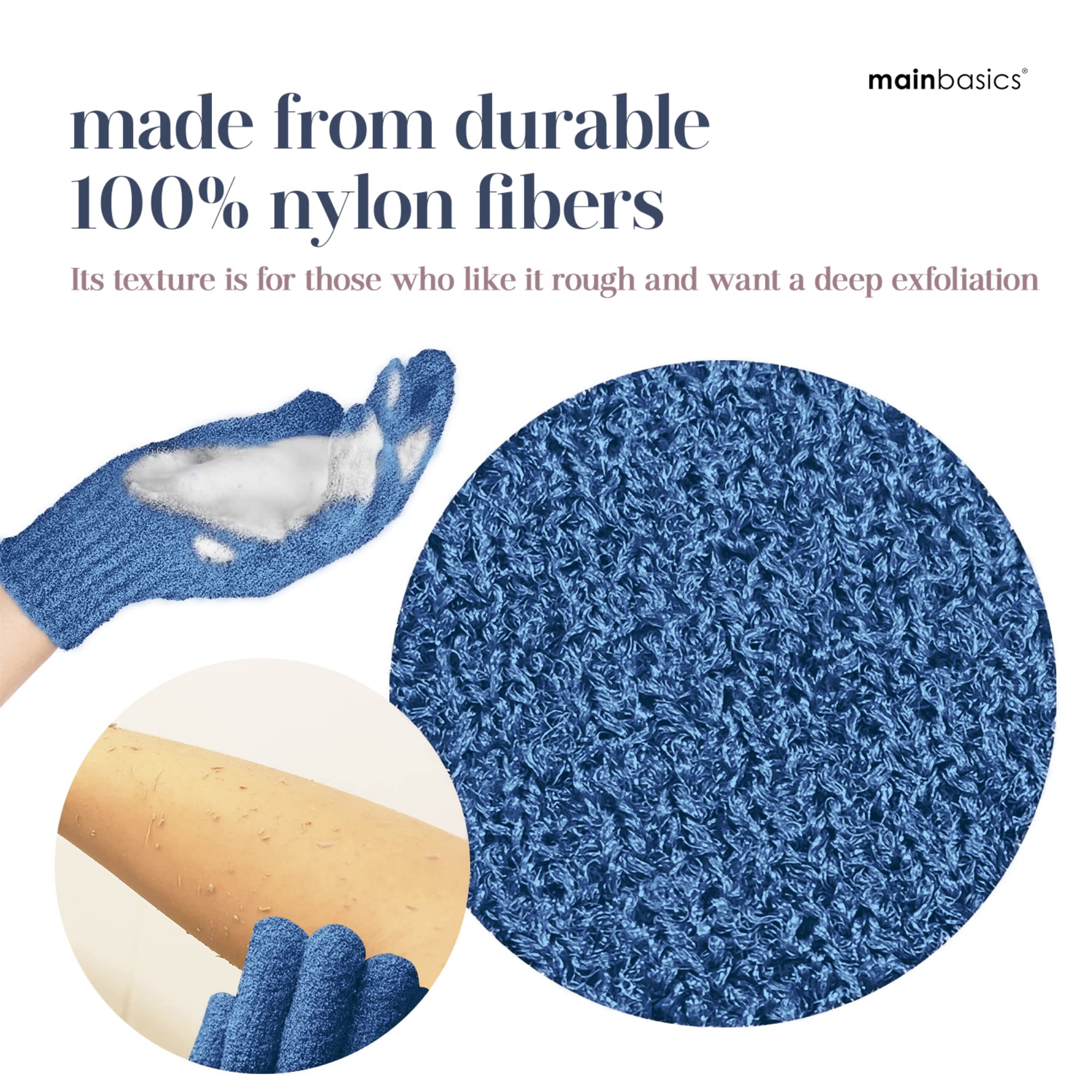 MainBasics Exfoliating Bath Gloves for Shower Heavy-Textured Nylon Fiber Body Exfoliator Scrub Gloves - Hanging Loop, Stretchy Design, Machine Washable (1 Pair, Pigeon Blue)