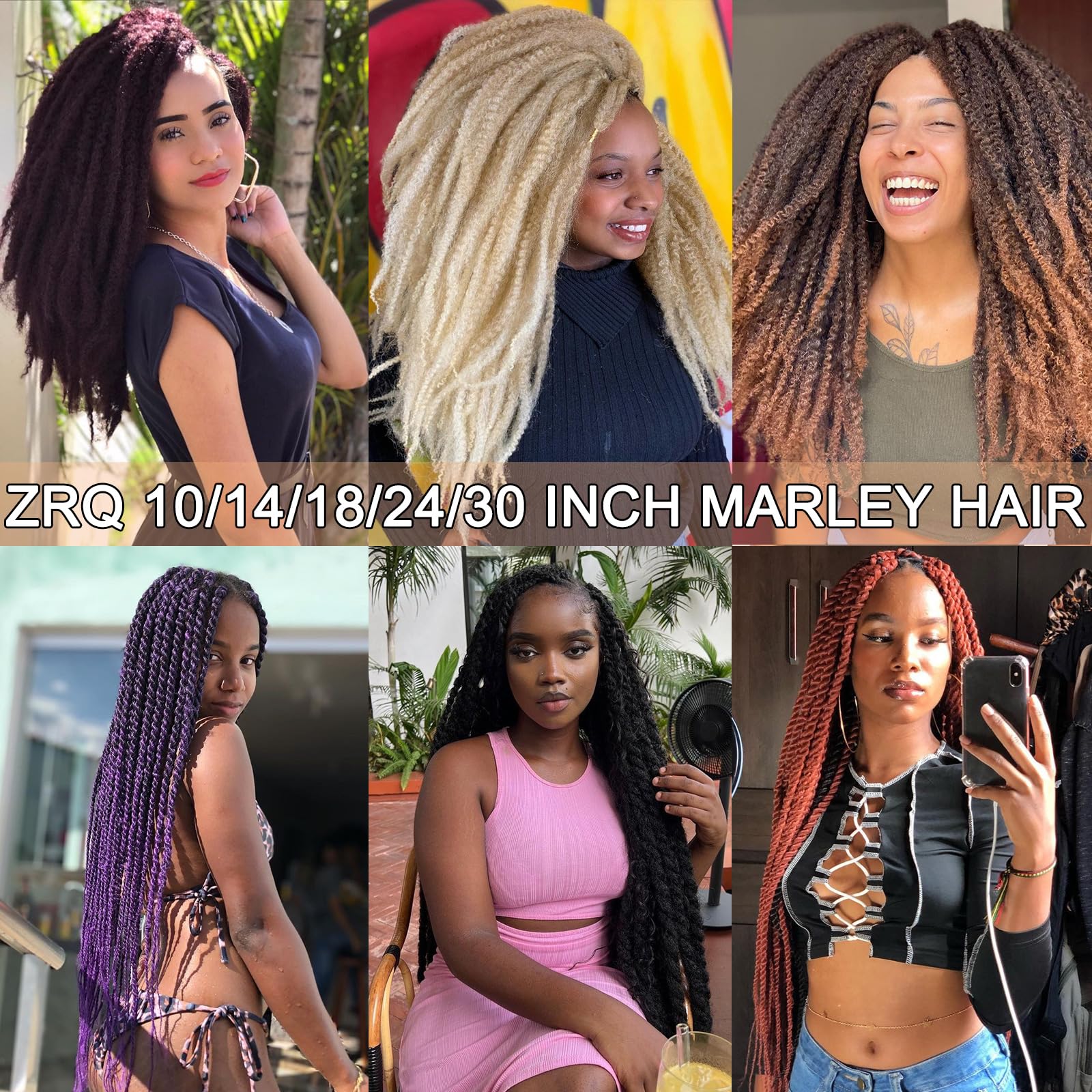 ZRQ 8 Packs Marley Hair Crochet Braids,24 Inch Afro Kinky Marley Braiding Hair, Synthetic Curly Twist Marley Hair, Long Springy Afro Twist Hair Extensions (1B#,8 Packs)