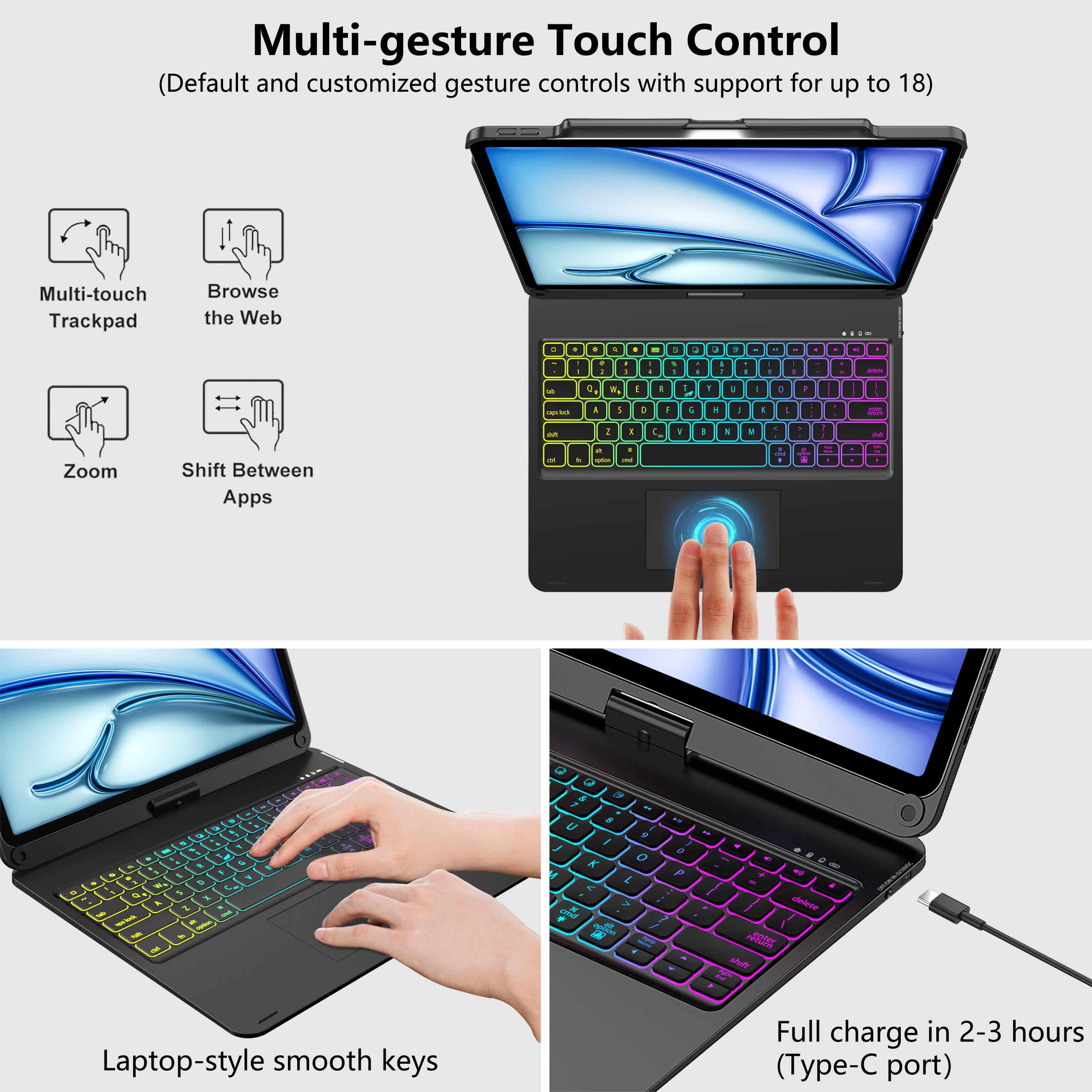 D DINGRICH 360° Rotating Keyboard for iPad Pro 12.9 Inch - Compatible with iPad Pro 6th Generation 2022/5th 2021/4th 2020/3rd 2018 Gen, Trackpad, Rainbow Backlit with Pencil Holder, Auto Sleep/Wake