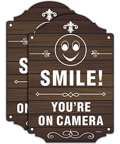 2 Pack Smile You're On Camera Signs Video Surveillance Signs 12 x 8 Inches Home Business Driveway Alert CCTV Security Camera Warning Signs Metal Reflective Rust Aluminum Indoor or Outdoor Use