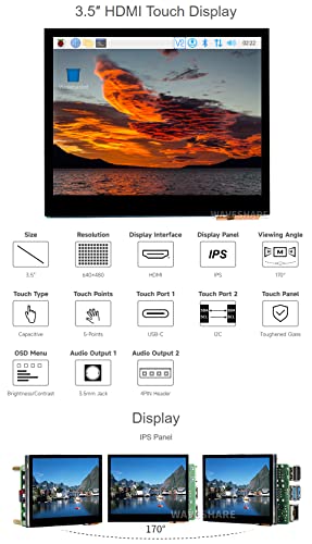 Waveshare 3.5inch HDMI LCD, Compatible with Raspberry Pi 5/4B/3B/Zero/Zero W/Zero 2W/Pico/Pico W/Pico WH, Capacitive Touch IPS LCD Display, 640×480, Audio Jack