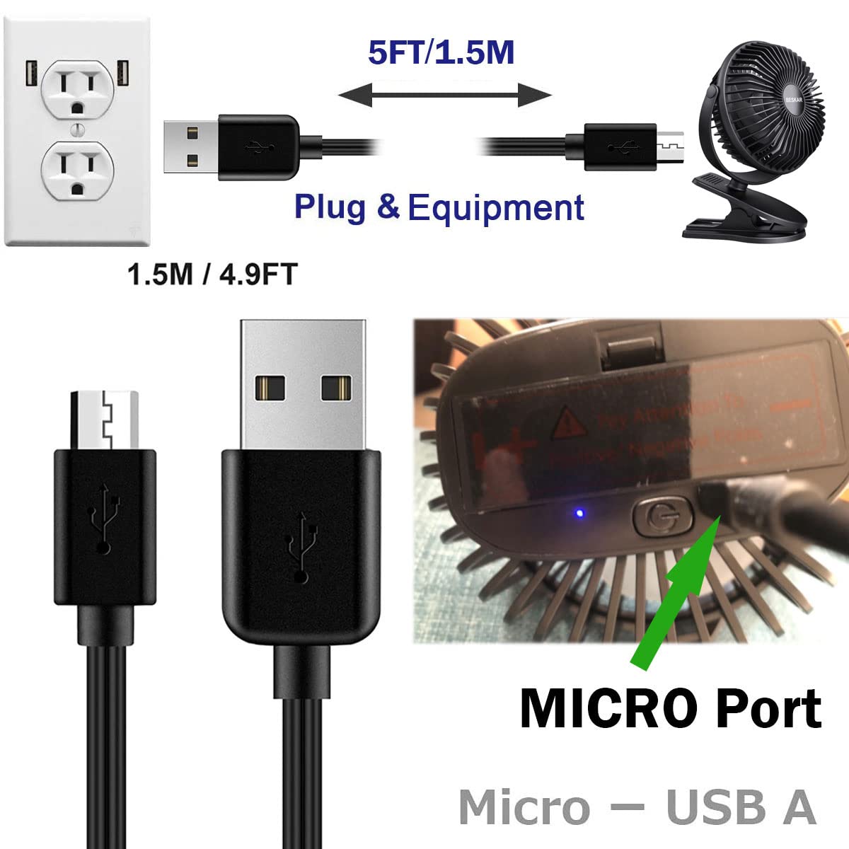 Xnarew 5FT Micro USB Charger Cable for Mini Fan, Compatible with BESKAR, SkyGenius, opolar, VersionTECH, Aluan, TriPole Fans, 2A Fast Charging, 1.5m