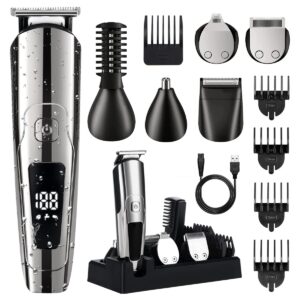 pritech 6 in 1 beard trimmer for men electric hair clipper cordless mens grooming kit, hair trimmer & mustache trimmer & nose hair trimmer& micro shaver waterproof led display(silver)