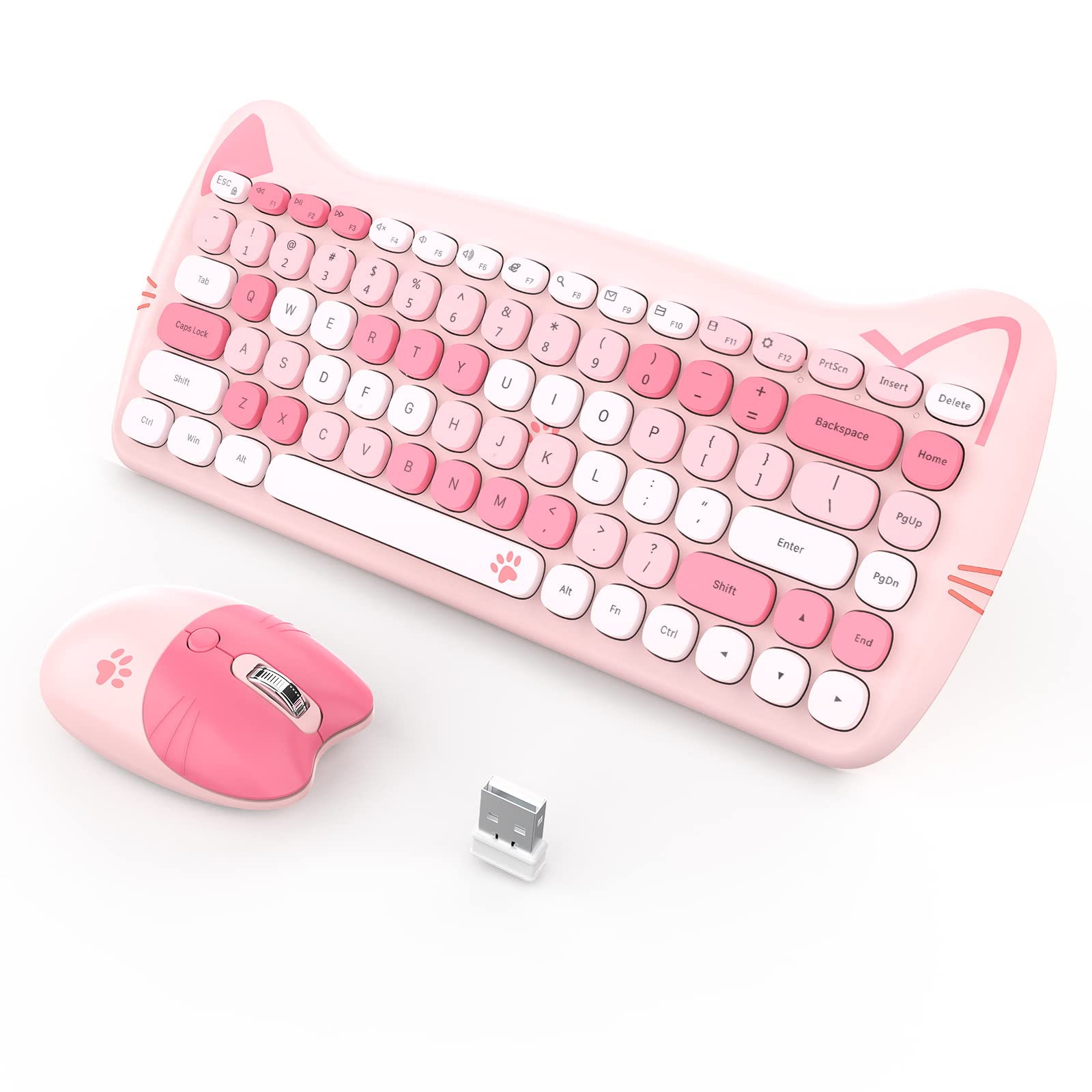 Cute Wireless Keyboard Mouse,GEEZER 2.4GHz Retro Quite Colorful Wireless Keypad Mouse, Compatible with Windows, Computer, PC, Desktop, Laptop (Pink)