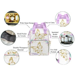 Gold Butterfly Pink Purple Rose Personalized Diaper Backpack with Name,Custom Travel DayPack for Nappy Mommy Nursing Baby Bag One Size