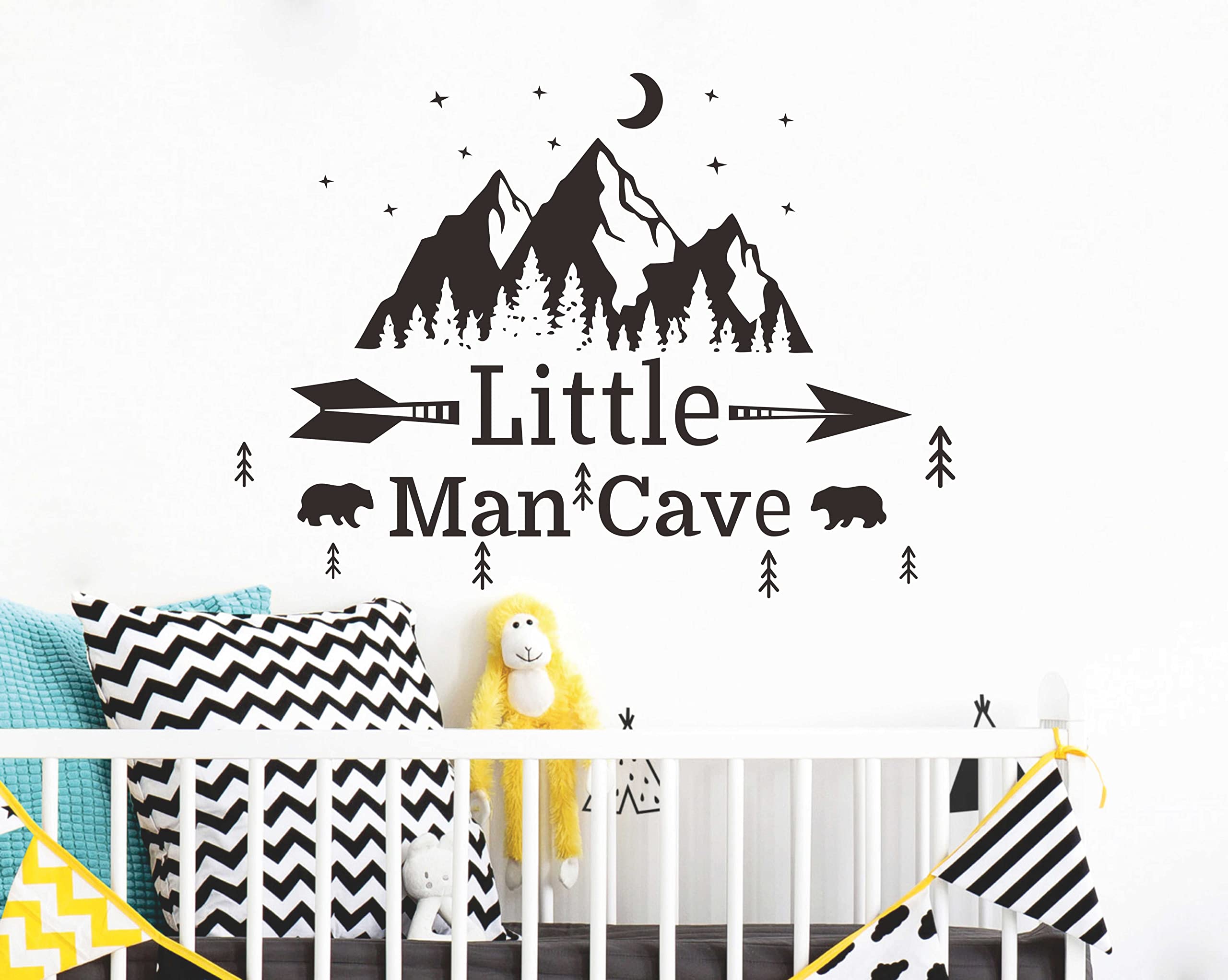 Little Man Cave Mountains Vinyl Decals, Landscape with Animals Stickers, Mountain Moon Stars Decal for Nursery Room,Kids Décor A9 (Black)