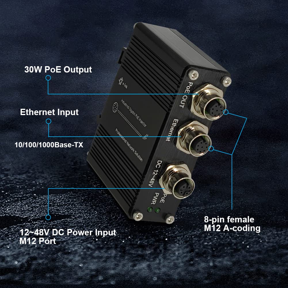 Industrial M12 PoE Injector Gigabit Hardened PoE+ Injector, PoE at 802.3af/at 30W, 10/100/1000Mbps M12 A-Code PoE Adapter 12-48V DC DIN Rail/Wall Mount Waterproof Outdoor PoE Adaptor