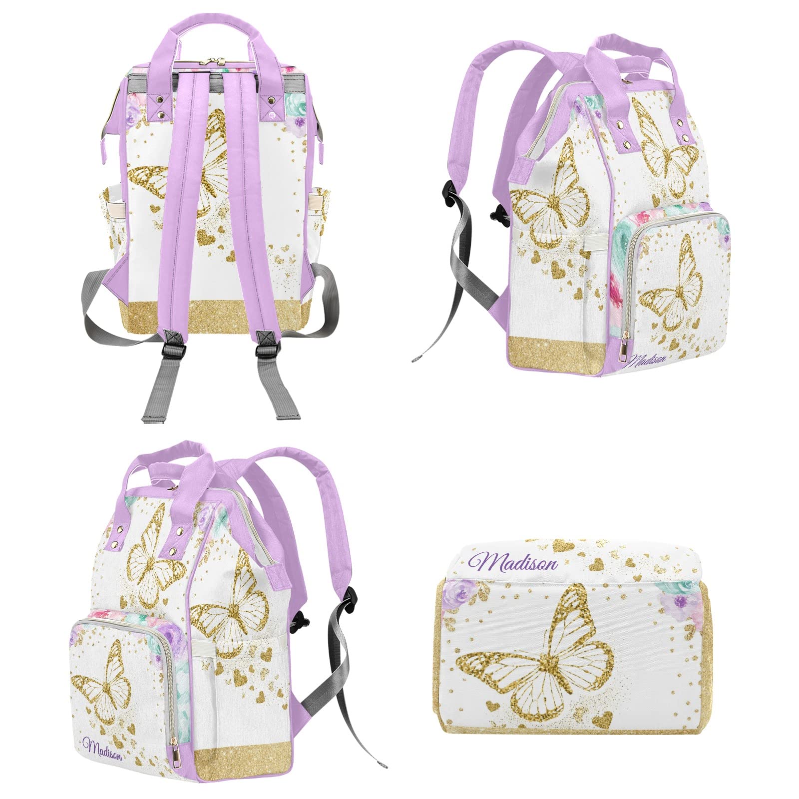 Gold Butterfly Pink Purple Rose Personalized Diaper Backpack with Name,Custom Travel DayPack for Nappy Mommy Nursing Baby Bag One Size