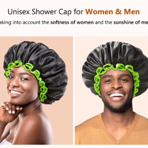 mikimini Extra Large Black Shower Cap for Women and Men Thick Long Hair Braids, Reusable Waterproof Double Layers XL Bathing Hair Caps with Vibrant Green Edge (Black)