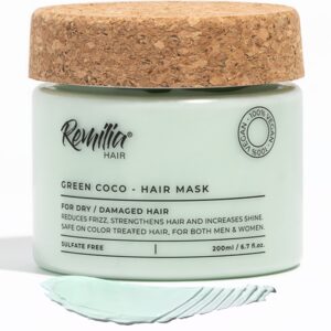 remilia hair mask for dry damaged hair and growth - deep conditioning hair mask with coconut oil, green tea, avocado, & castor oil - hydrating & soothing vegan protein conditioner, 200ml